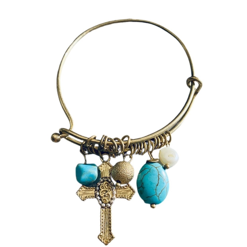 Gold tone and‎ turquoise slide charm bangle bracelet